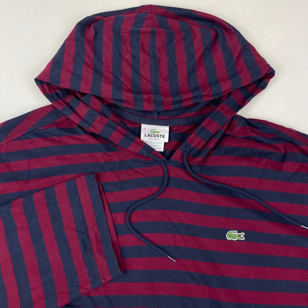 Lacoste Mens Striped Long Sleeve Hooded T-Shirt Burgundy Navy Blue Size 9 3XL
